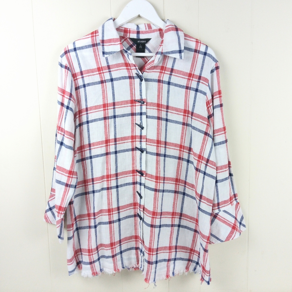 Ali Miles Linen Tunic Top Size L Plaid Red White Blue Button Up Shirt Blouse